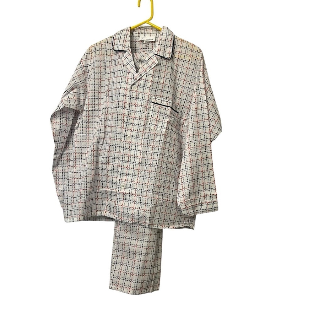 Vintage Fruit of the loom white plaid pajama set size C large top pants EUC